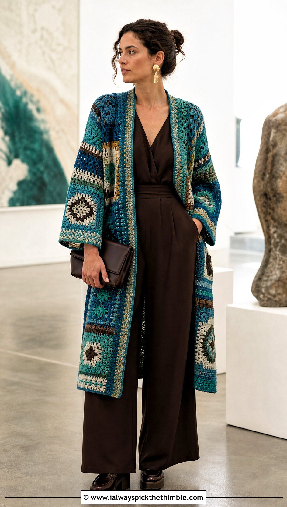 Mosaic Oversized Patchwork Crochet Cardigan With Wide Leg Jumpsuit - 15 oversized patchwork crochet cardigan outfit ideas