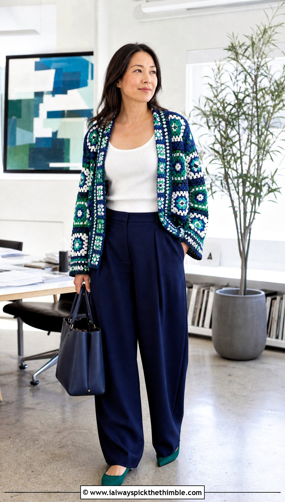 Mosaic Patchwork Cardigan With Wide Leg Suit Pants - 20 crochet patch work cardigan outfit ideas