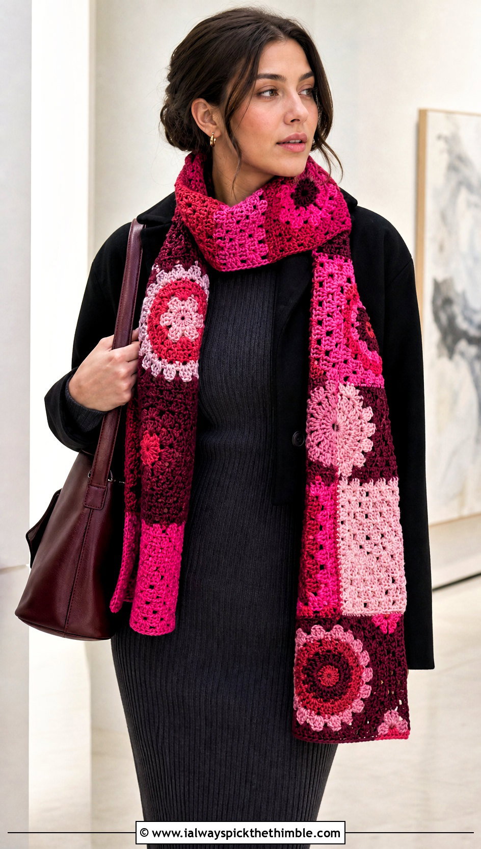 Mosaic Patchwork Crochet Scarf With Knit Dress - 15 Patchwork Crochet Scarf outfit ideas