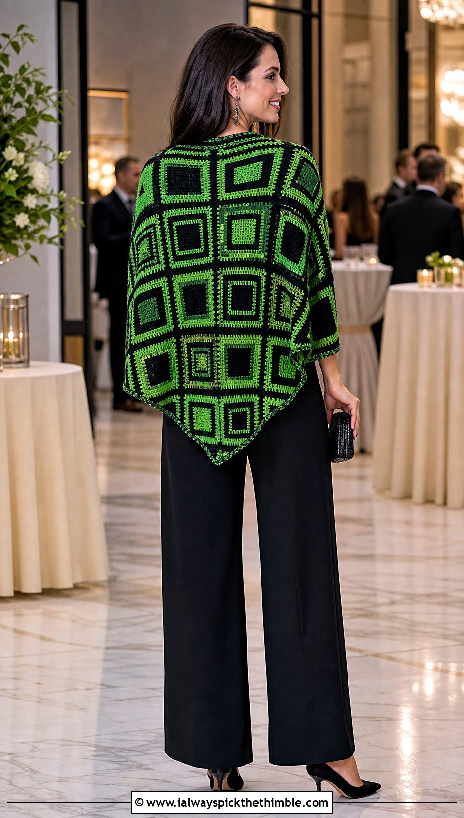 Mosaic Rectangle Crochet Shawl With Black Jumpsuit - 25 Crochet Rectangle Shawl outfit ideas
