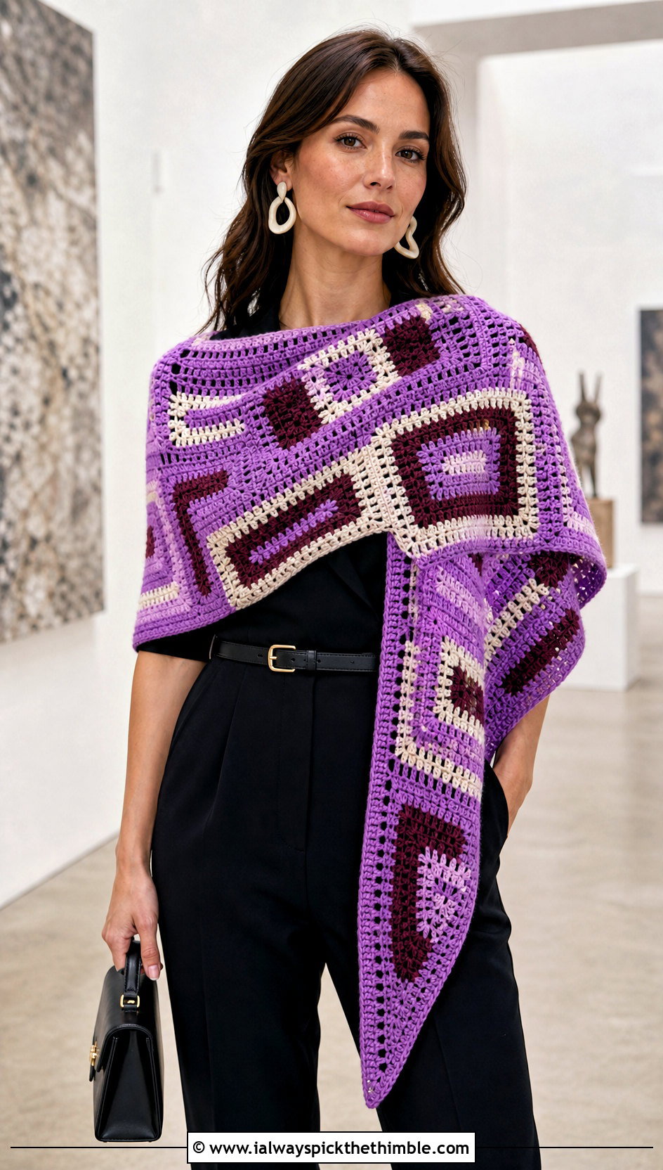 Mosaic Rectangle Crochet Shawl With Tailored Jumpsuit - 20 Rectangle Crochet Shawls outfit ideas
