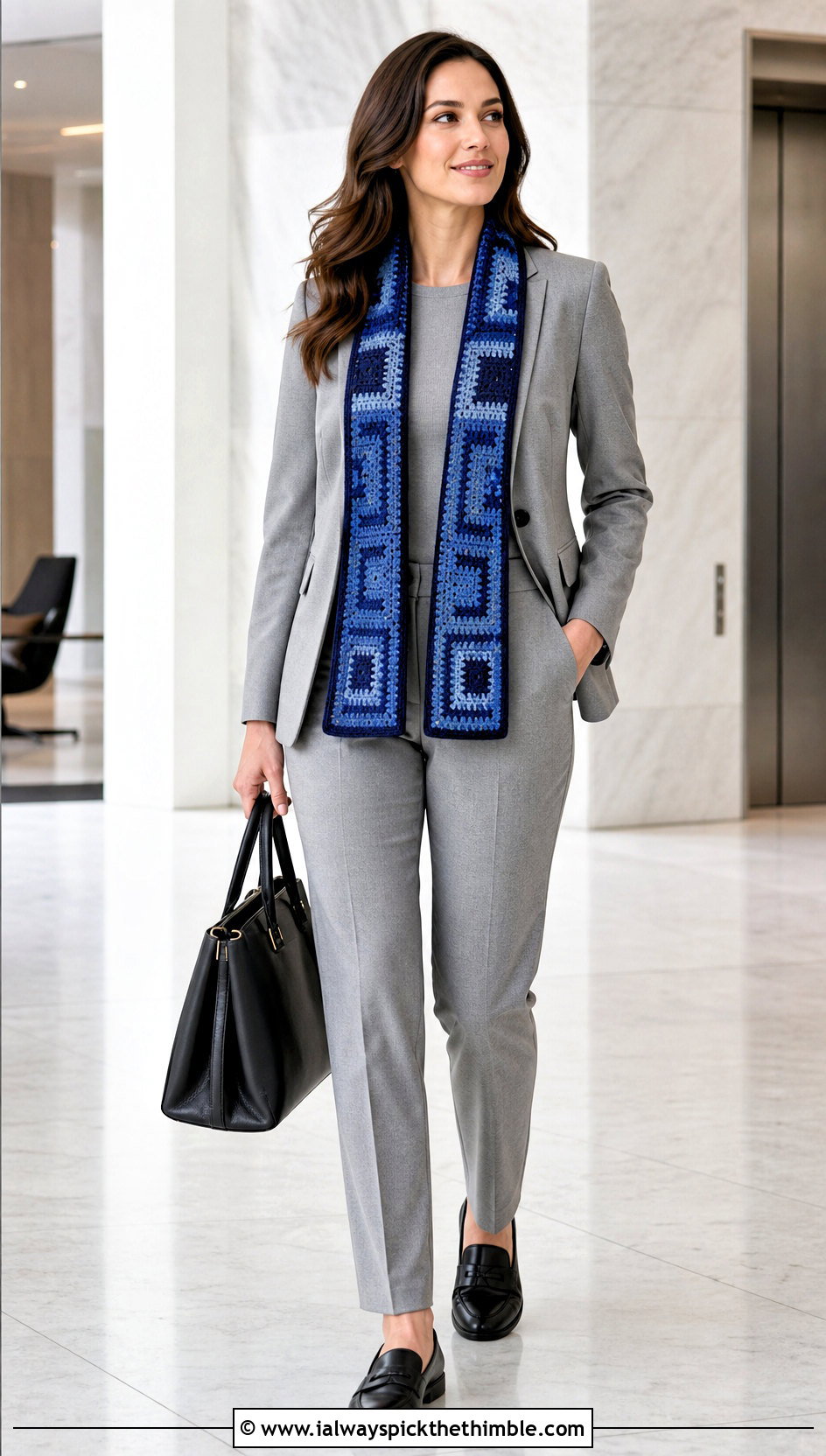Mosaic Rectangle Crochet Wrap With Monochrome Suit - 20 Rectangle Crochet Wrap outfit ideas