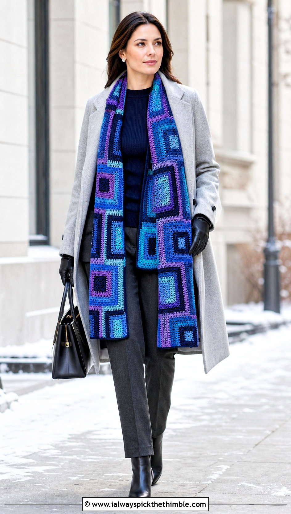 Mosaic Rectangular Crochet Shawl With Minimalist Coat - 20 rectangular crochet shawls outfit ideas