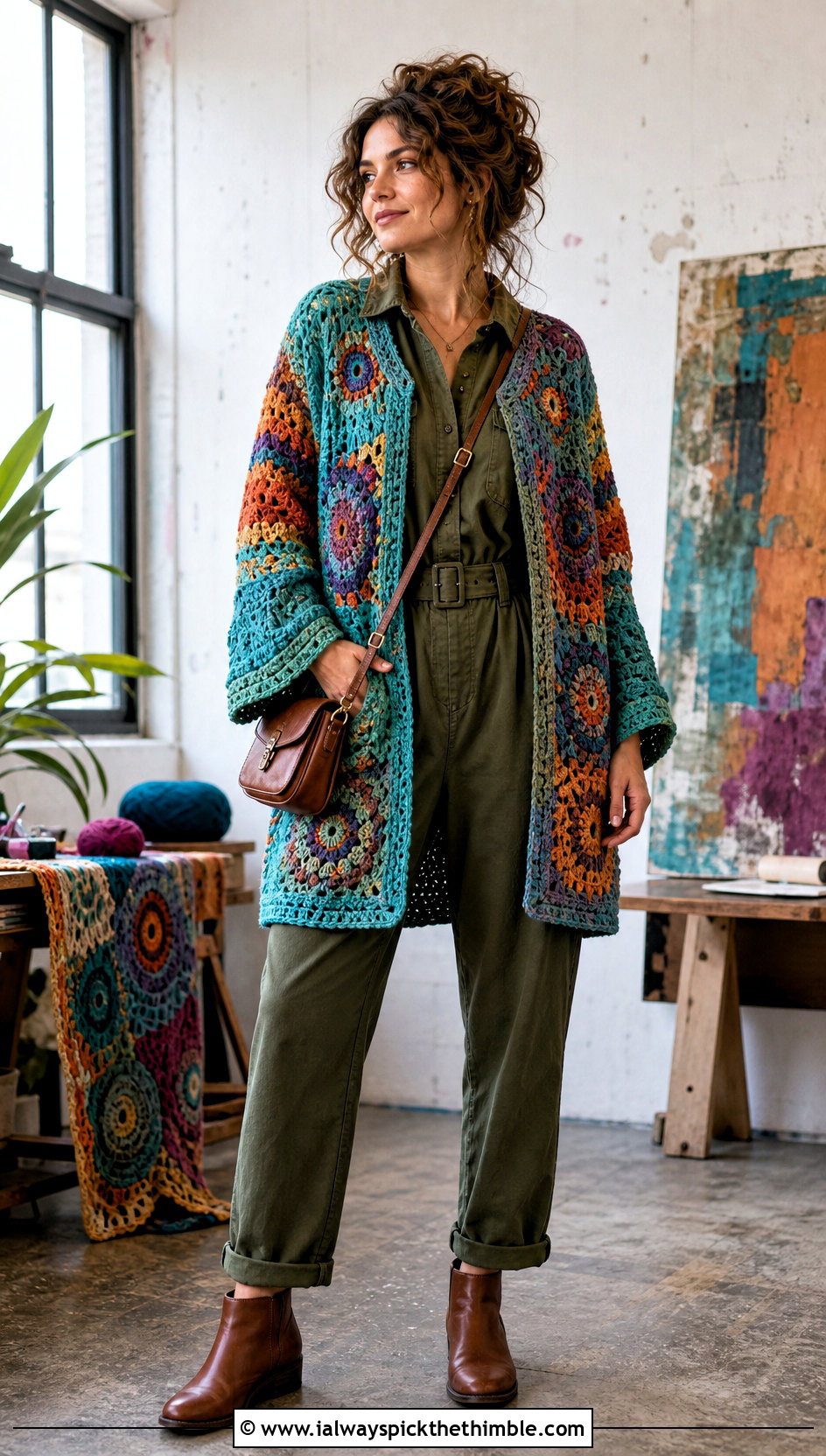 Mosaic Scrap Cardigan With Utility Jumpsuit - 15 Crochet Scrap Cardigan outfit ideas