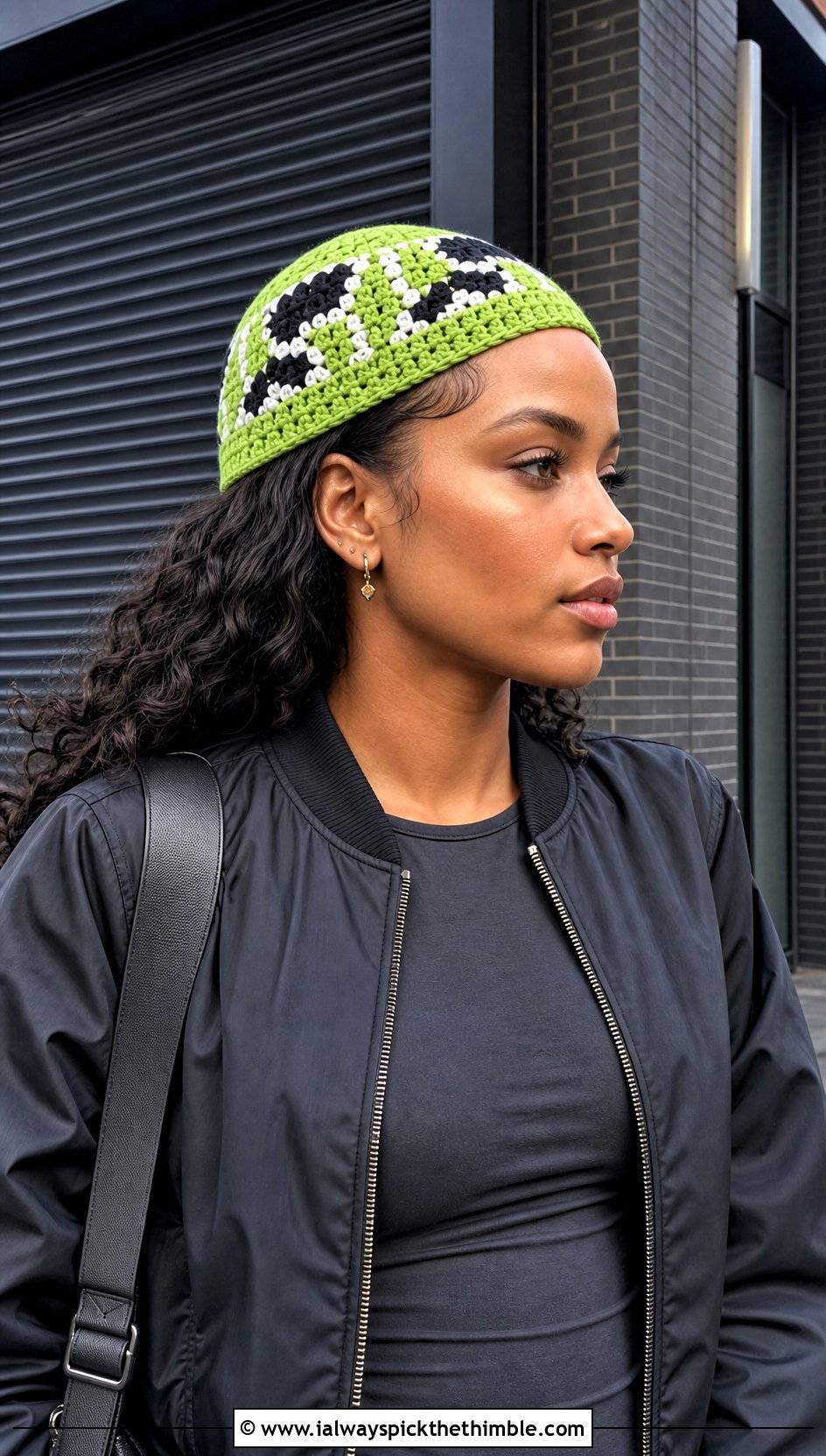 Mosaic Side Crochet Kufi Hat With Cargo Pants - 25 crochet kufi hat outfit ideas