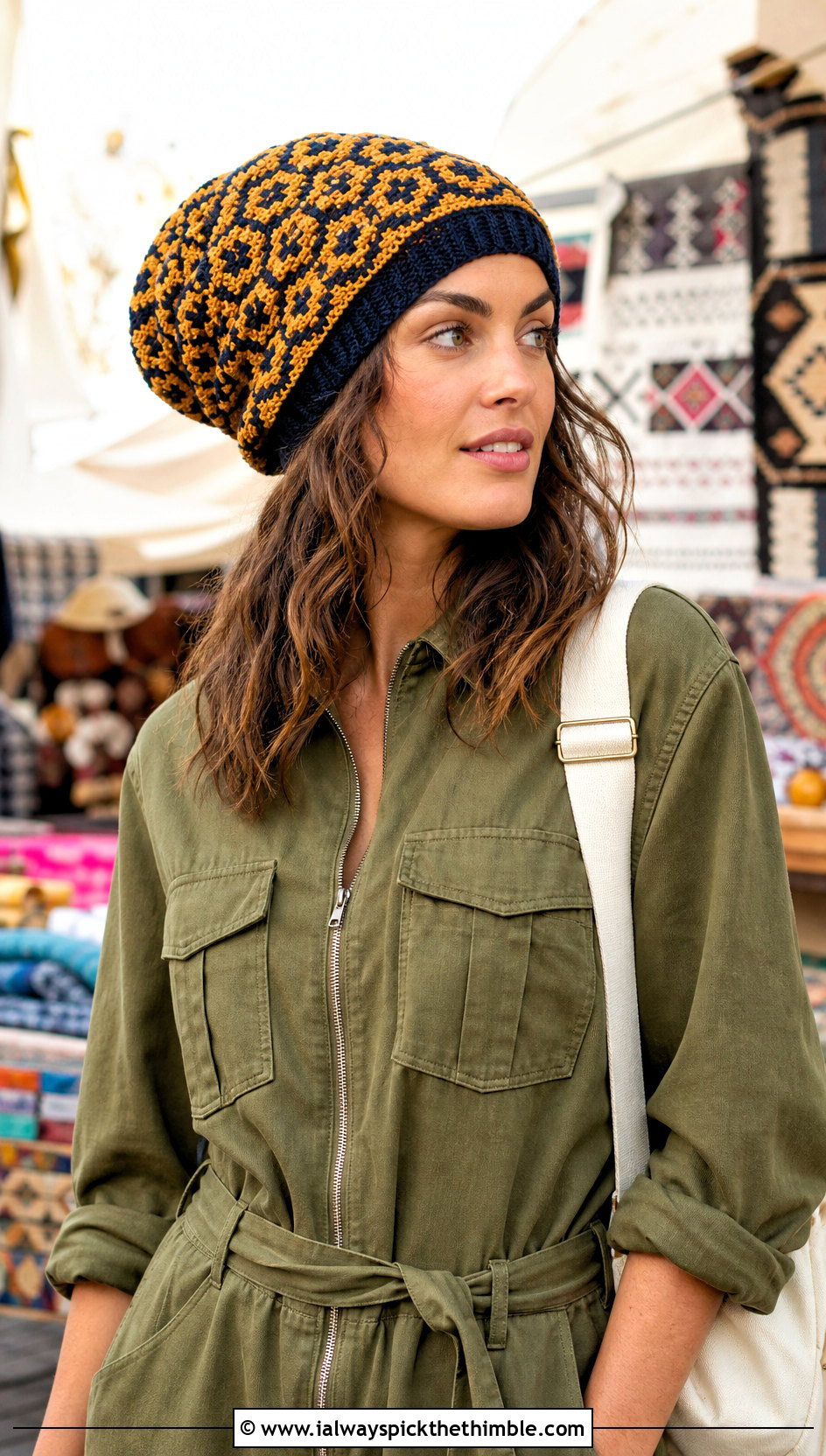 Mosaic Slouch Crochet Beanie With Utility Jumpsuit - 20 slouch crochet beanie outfit ideas