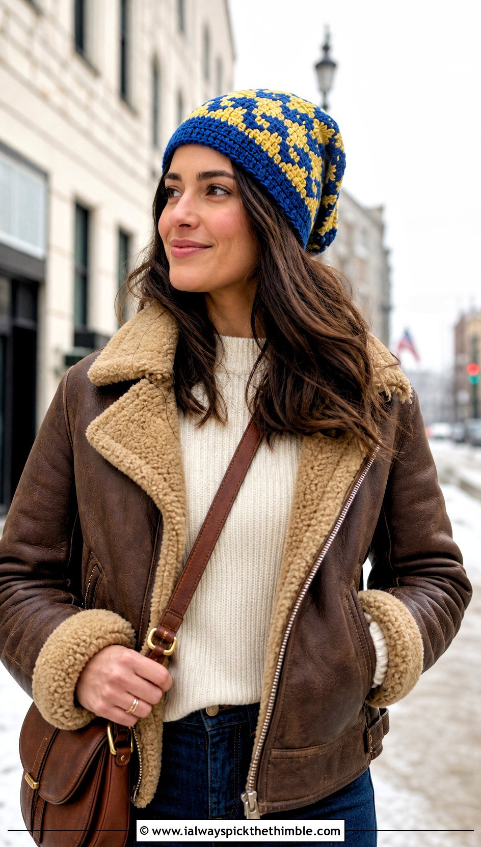 Mosaic Slouchy Beanie With Shearling Jacket And Flared Jeans - 25 crochet slouchy beanie outfit ideas