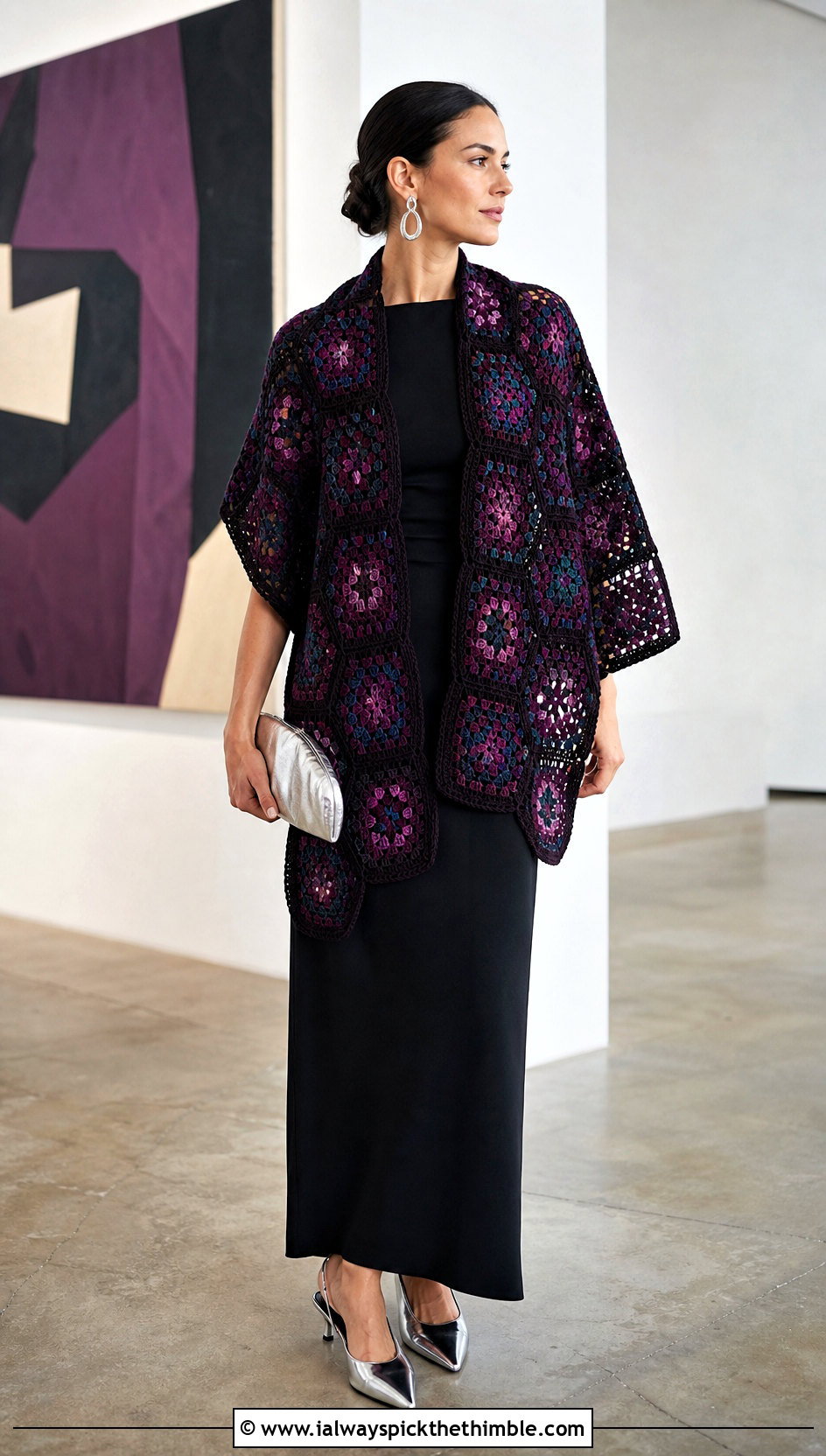 Mosaic Square Crochet Shawl With Black Maxi Dress - 20 Square Crochet Shawl outfit ideas