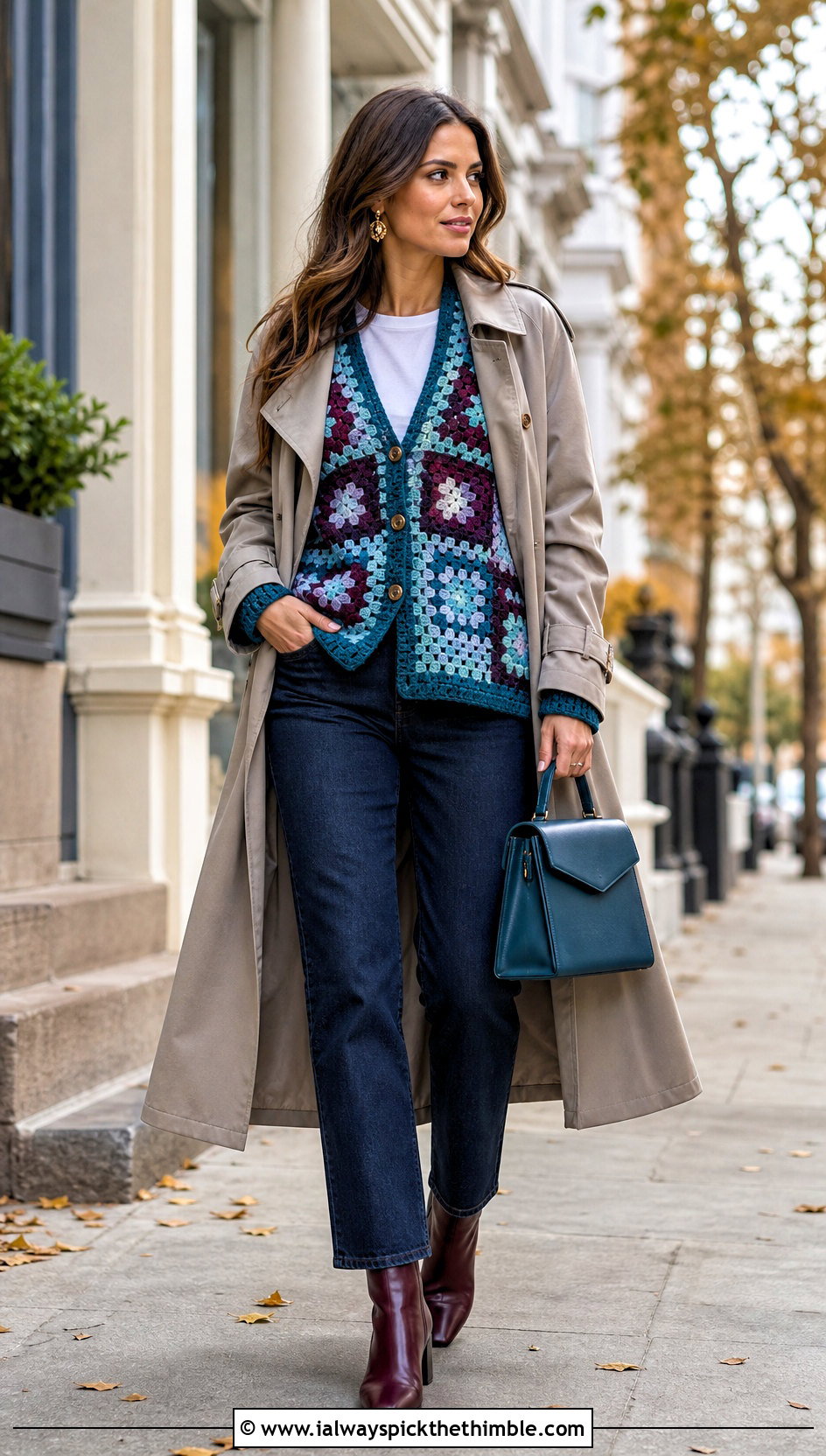 Mosaic Stitch Cardigan With Trench Coat And Jeans - 15 colorful crocheted cardigan on hook outfit ideas