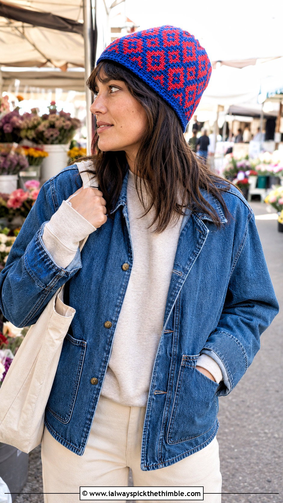 Mosaic Stitch Crochet Beanie With Denim Chore Jacket - 20 2 color crochet beanie hat outfit ideas