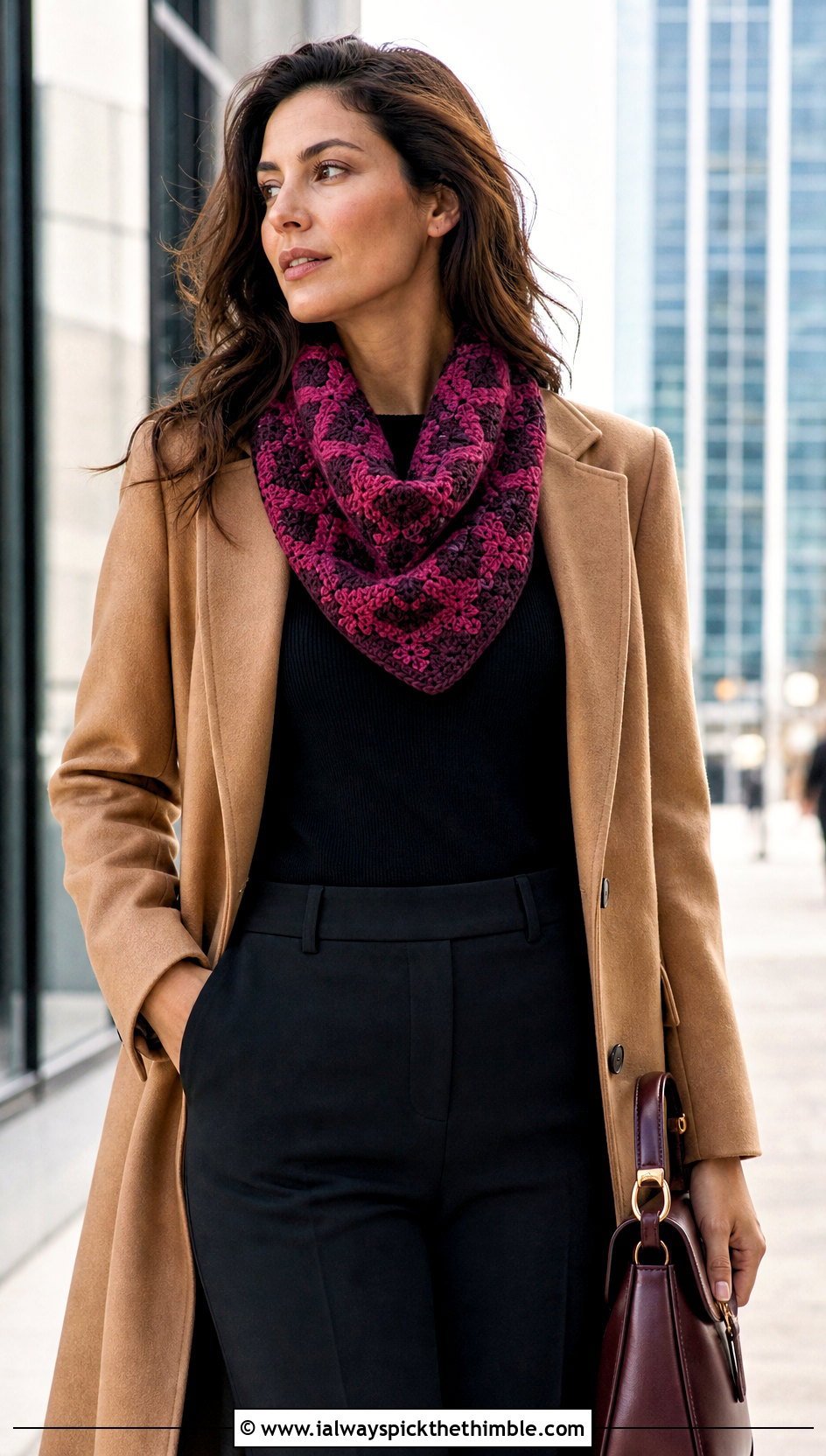 Mosaic Stitch Crochet Cowl With Camel Coat And Flared Pants - 25 crochet neck warmer cowls outfit ideas