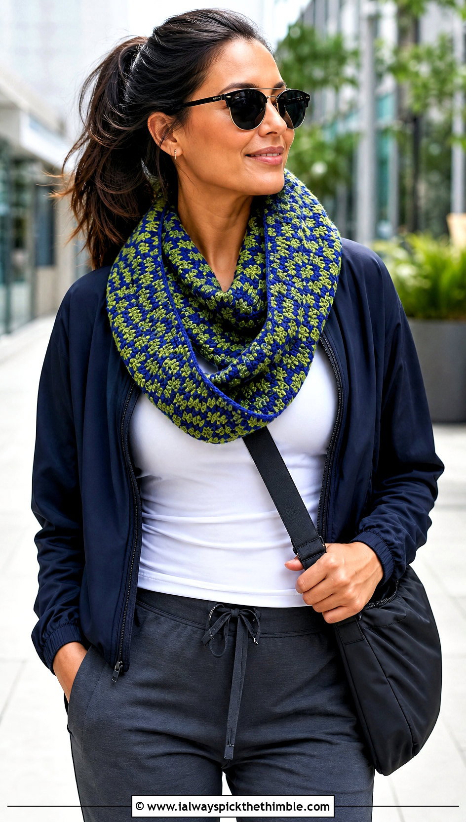 Mosaic Stitch Crochet Infinity Scarf With Athleisure Outfit - 20 crochet infinity scarves outfit ideas
