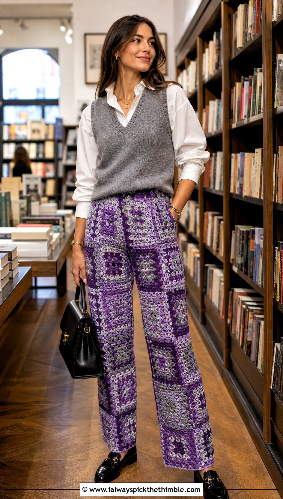 Mosaic Stitch Crochet Patchwork Pants With Sweater Vest - 15 Crochet Patchwork Pants outfit ideas