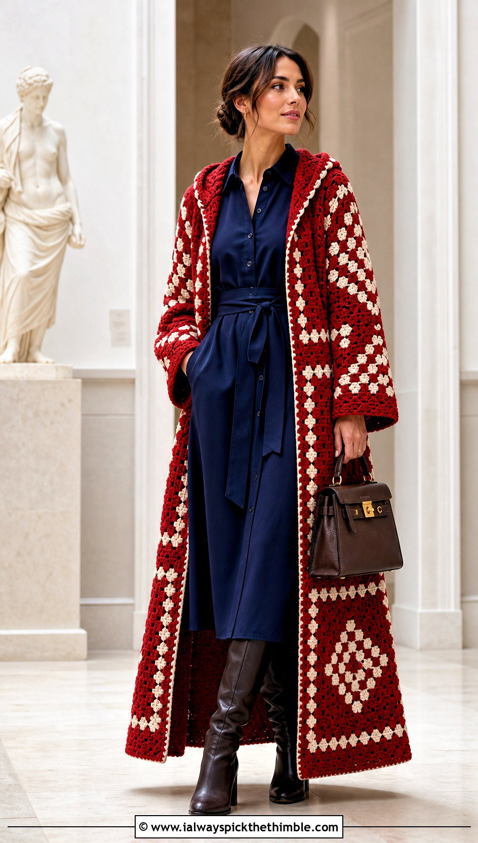 Mosaic Stitch Long Hooded Crochet Cape With Shirt Dress - 20 Long Hooded Crochet Cape outfit ideas