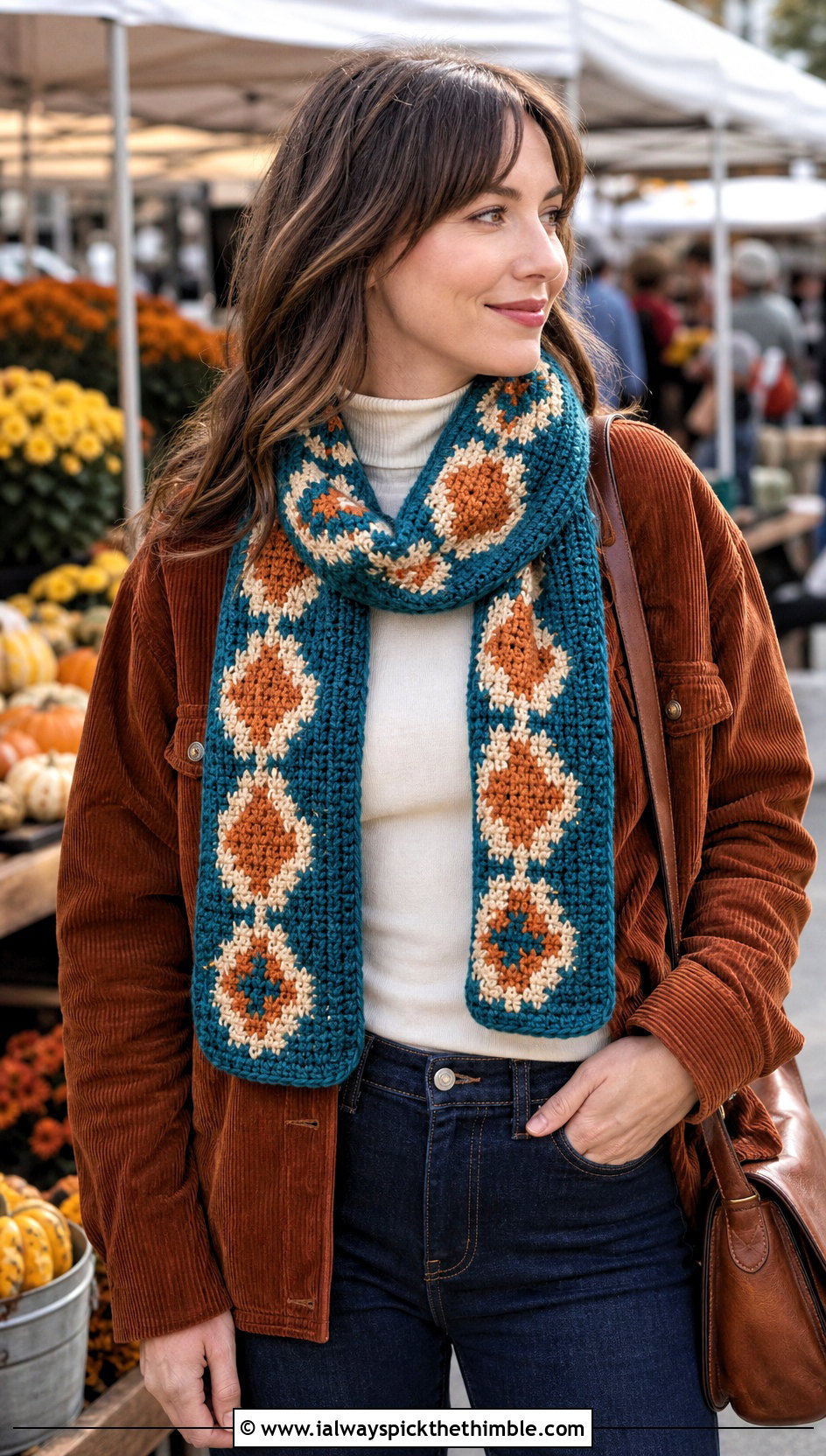 Mosaic Stitch Mini Scarf With Corduroy Jacket - 25 small crochet scarf outfit ideas