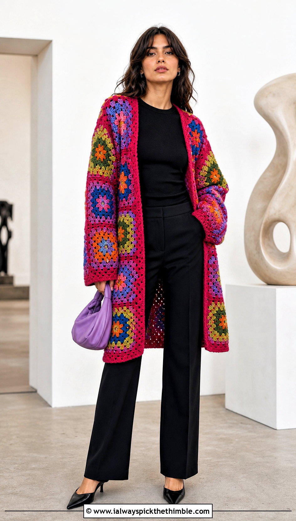 Mosaic Tapestry Crochet Cardigan With Monochrome Basics - 20 tapestry crochet sweater outfit ideas