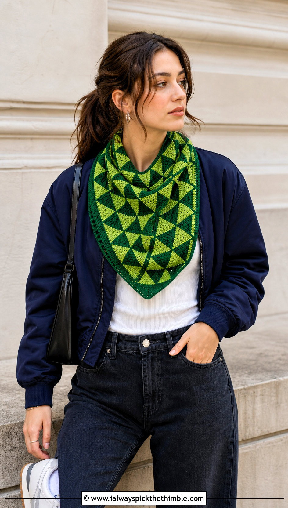 Mosaic Triangle Cowl With Bomber Jacket - 20 crochet triangle cowl outfit ideas
