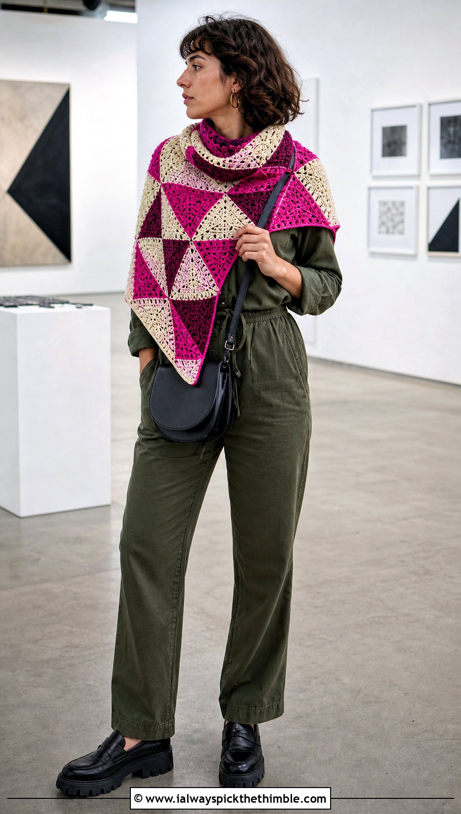 Mosaic Triangle Crochet Shawl With Utility Jumpsuit - 25 triangle crochet shawl outfit ideas
