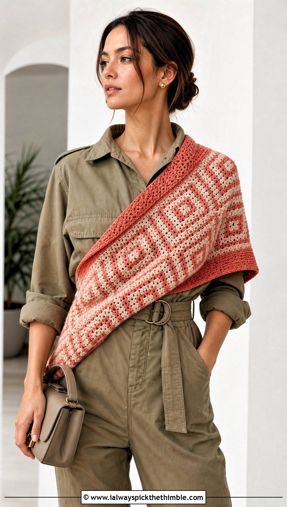 Mosaic Triangle Crochet Shawl With Utility Jumpsuit - 20 triangle crochet shawls outfit ideas