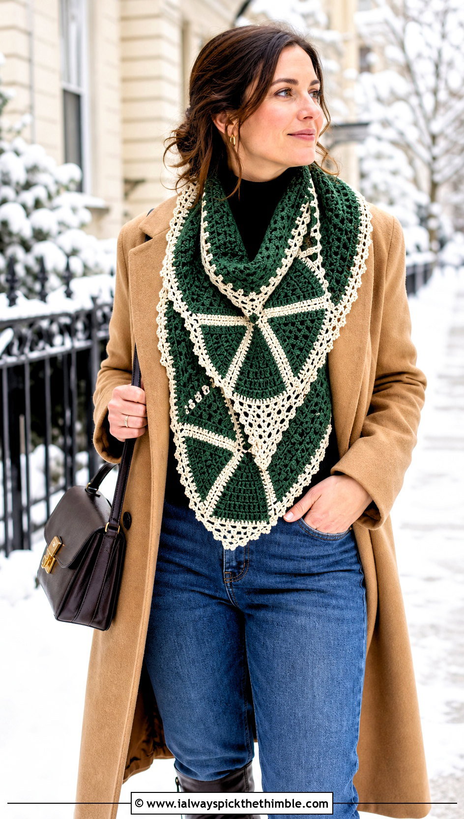 Mosaic Triangle Shawl With Wool Coat And Straight Jeans - 20 easy crochet triangle shawl outfit ideas