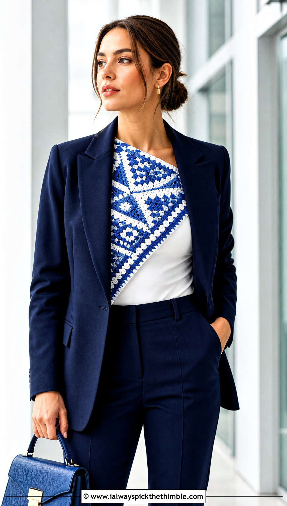 Mosaic Triangular Crochet Shawl With Tailored Suit - 20 triangular crochet shawl outfit ideas