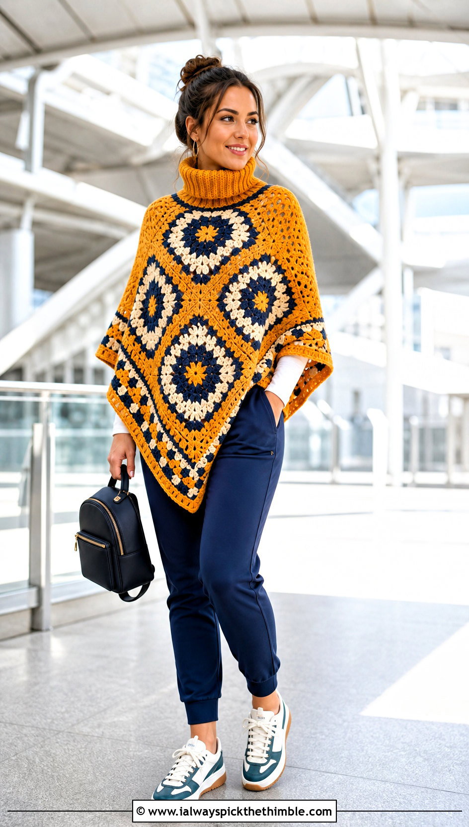 Mosaic Turtle Neck Crochet Poncho With Track Pants - 20 Turtle Neck Crochet Poncho outfit ideas