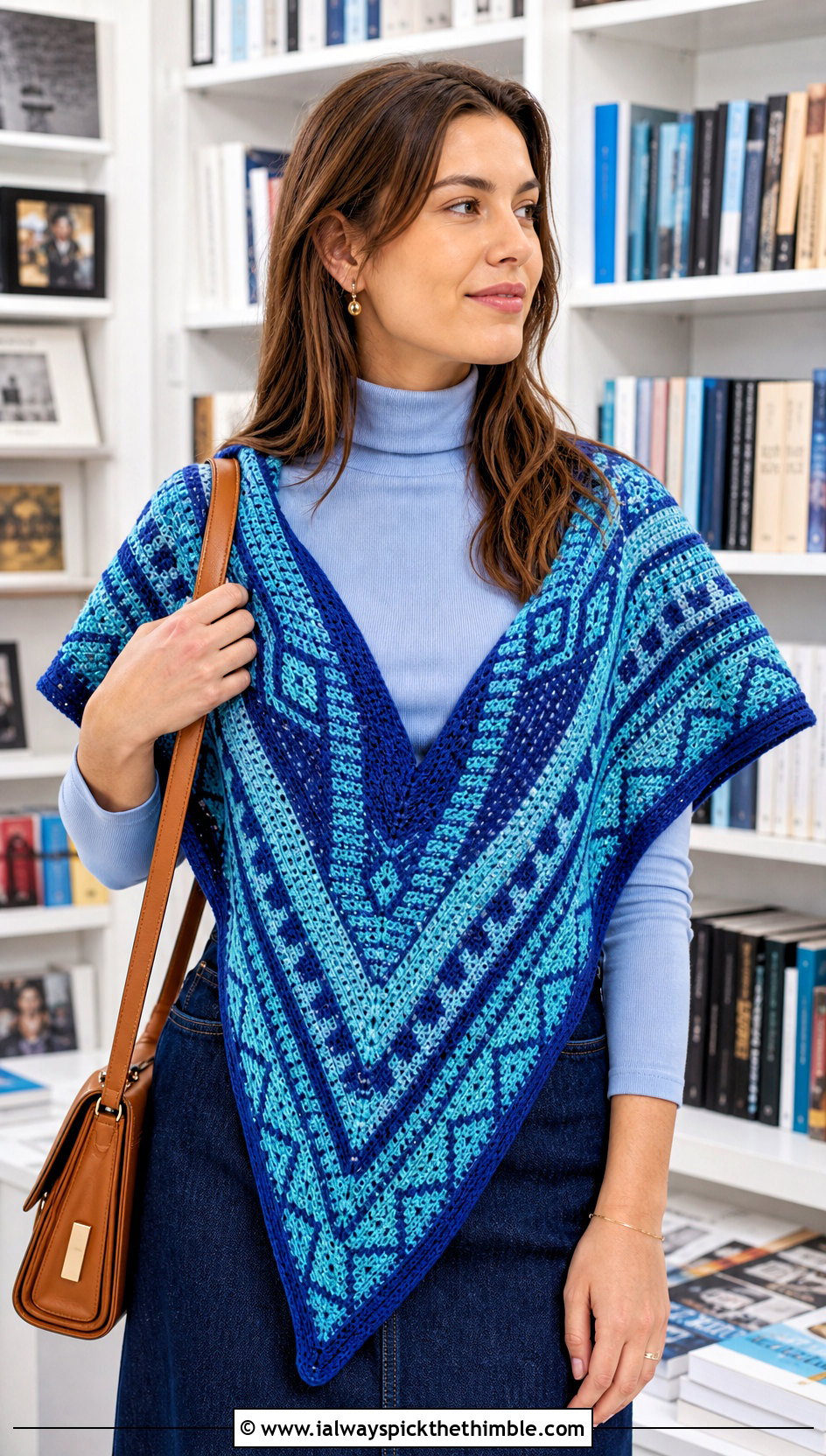 Mosaic V Shaped Crochet Shawl With Denim Maxi Skirt - 15 V Shaped Crochet Shawl outfit ideas