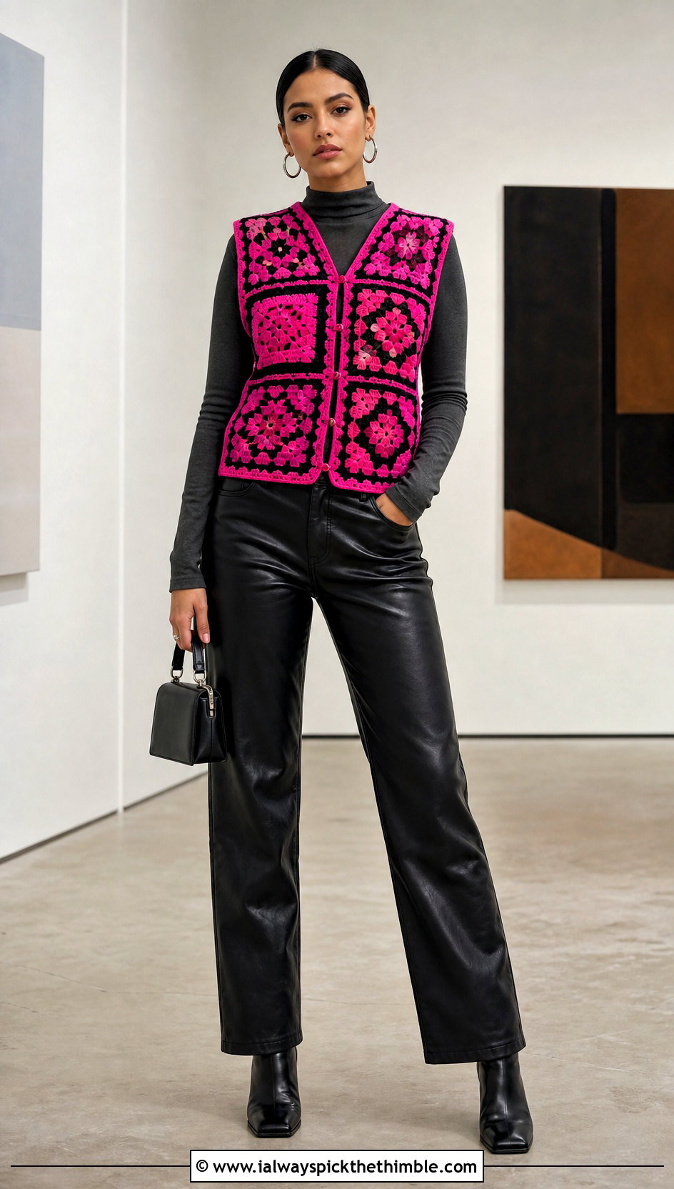 Mosaic Wednesday Crochet Vest With Leather Pants - 20 wednesday crochet vest outfit ideas