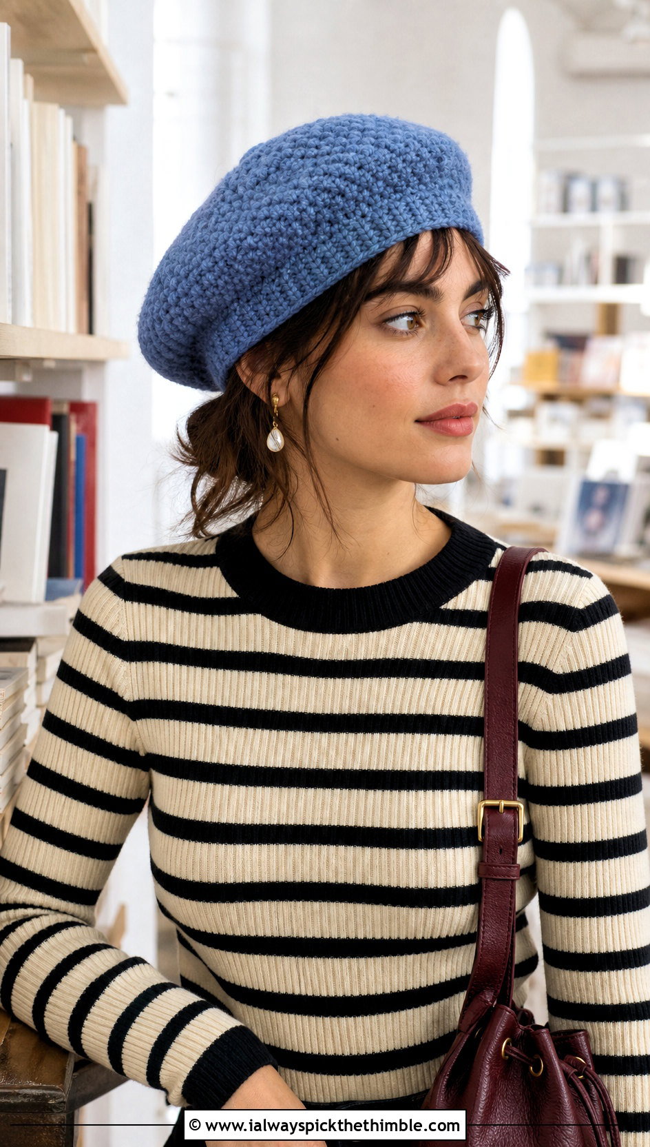 Moss Stitch Beret With Striped Sweater - 20 Crochet Moss Stitch Hat outfit ideas