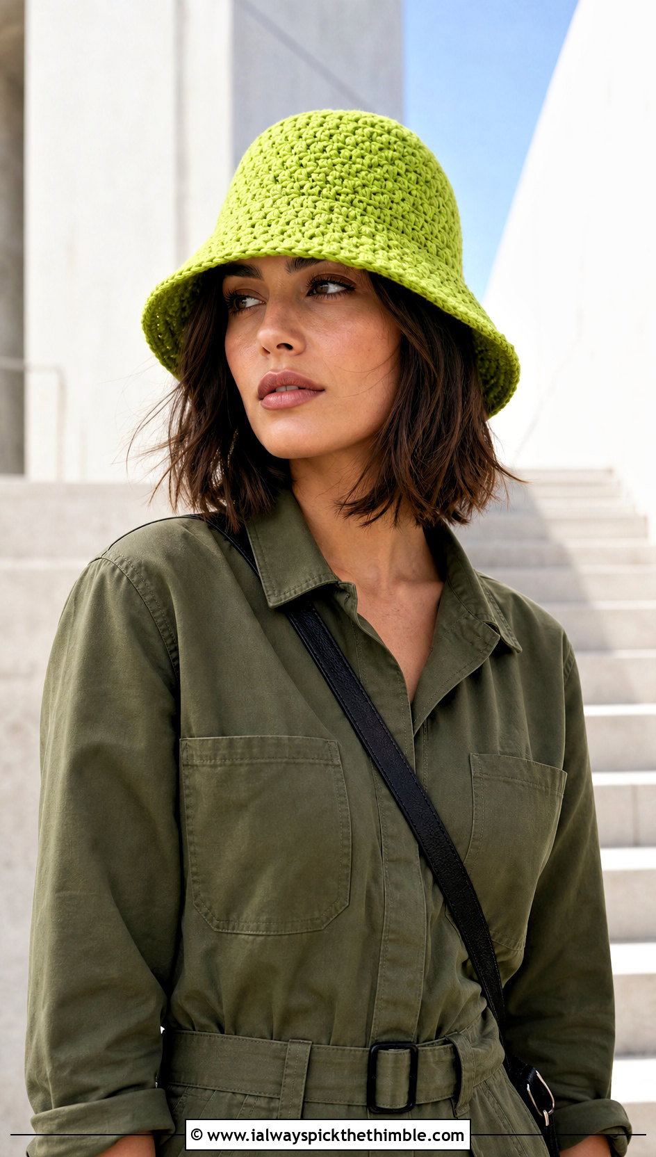 Moss Stitch Bucket Hat With Utility Jumpsuit - 20 Crochet Moss Stitch Hat outfit ideas