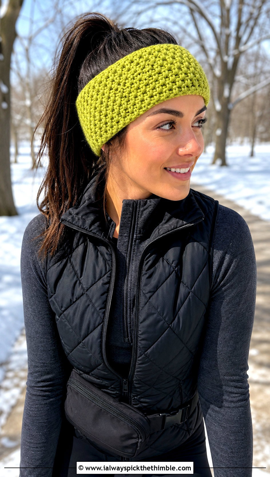 Moss Stitch Bulky Crochet Ear Warmer With Quilted Vest - 20 Bulky Crochet Ear Warmer outfit ideas