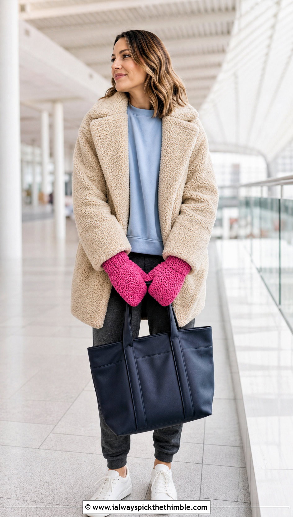 Moss Stitch Bulky Crochet Mittens With Teddy Coat And Joggers - 15 Bulky Crochet Mittens outfit ideas