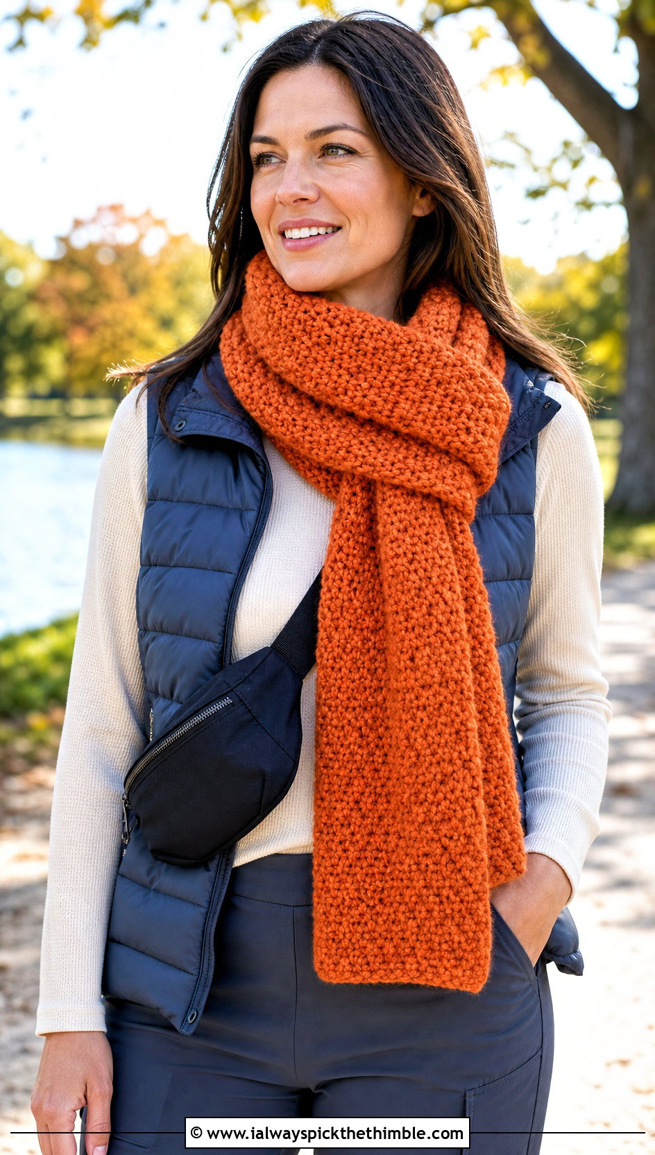 Moss Stitch Bulky Yarn Crochet Scarf With Puffer Vest - 20 bulky yarn crochet scarf outfit ideas