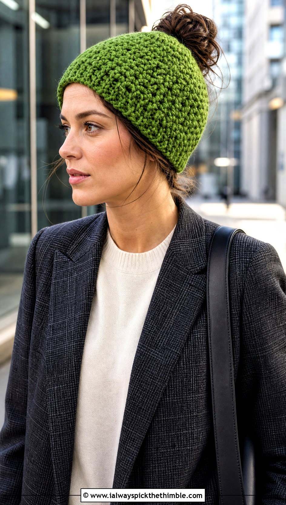 Moss Stitch Bun Crochet Beanie With Blazer And Straight Jeans - 20 Bun Crochet Beanie outfit ideas