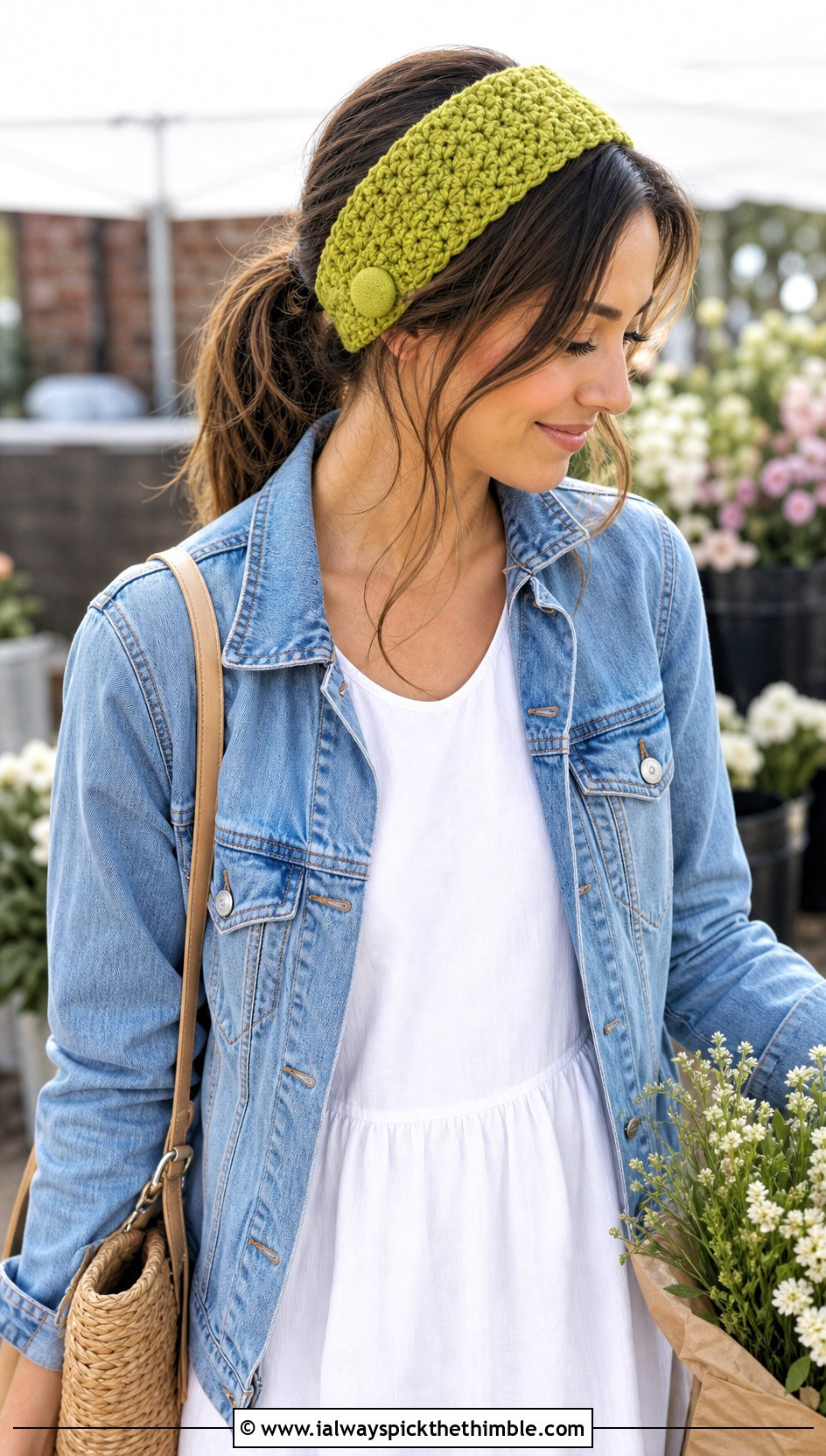 Moss Stitch Button Headband With Denim Jacket And Midi Dress - 15 Crochet Headband With Button outfit ideas