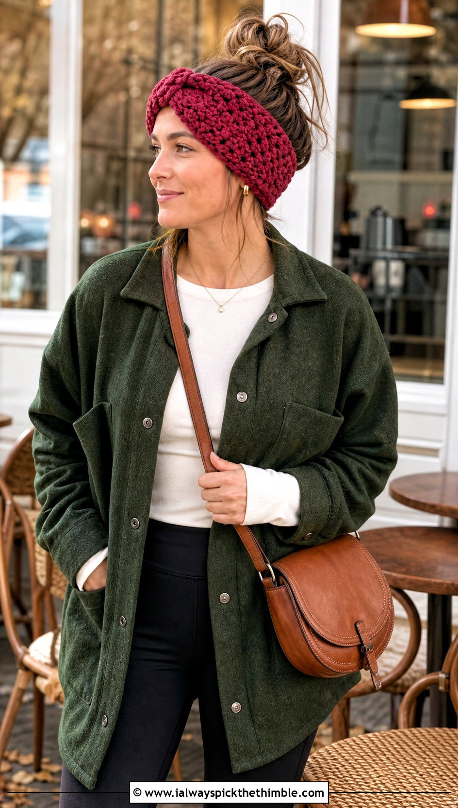 Moss Stitch Chunky Crochet Ear Warmer With Shacket - 20 chunky crochet ear warmer outfit ideas