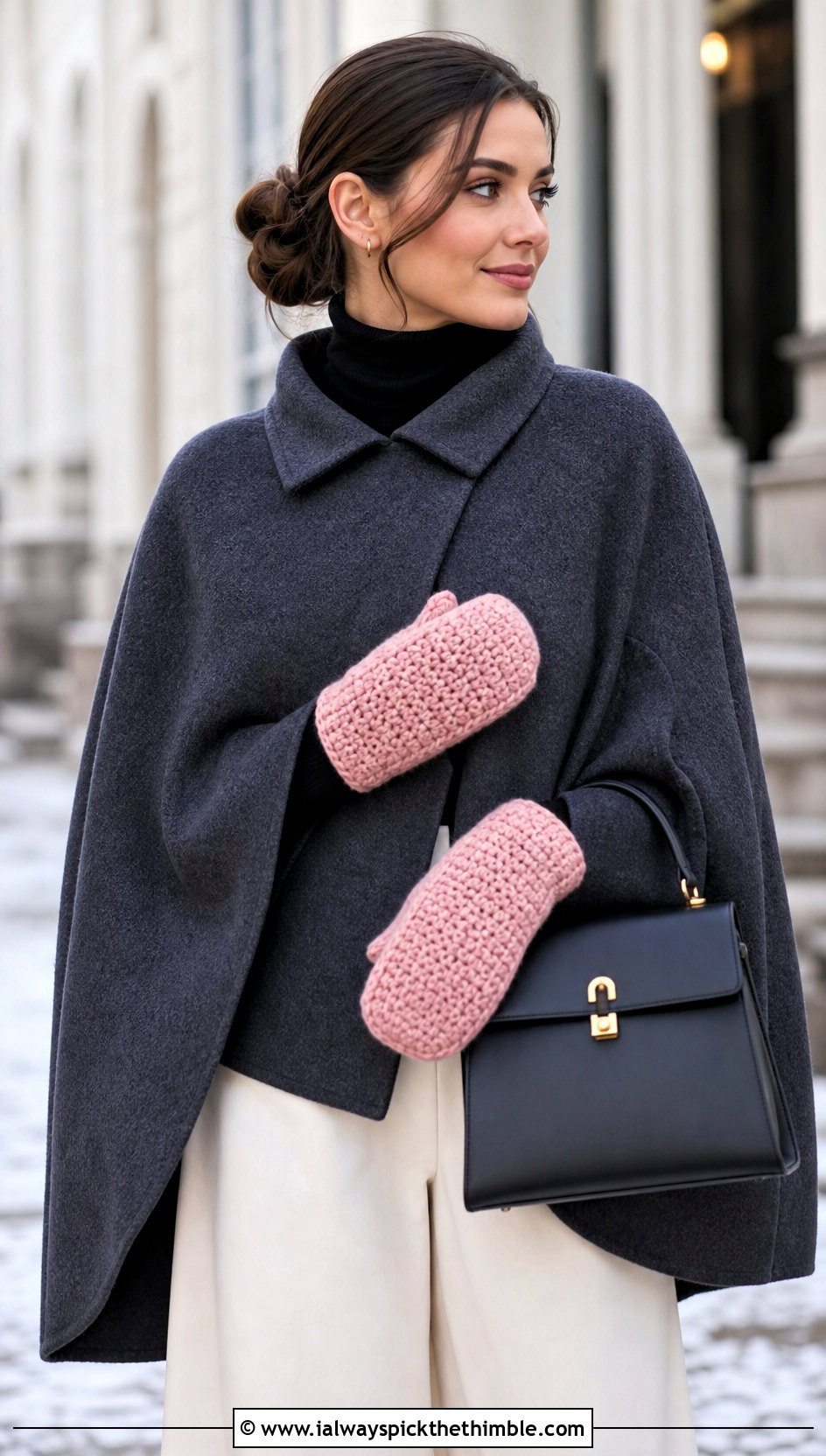 Moss Stitch Chunky Crochet Mittens With Cape and Wide Leg Trousers - 20 Chunky Yarn Crochet Mittens outfit ideas