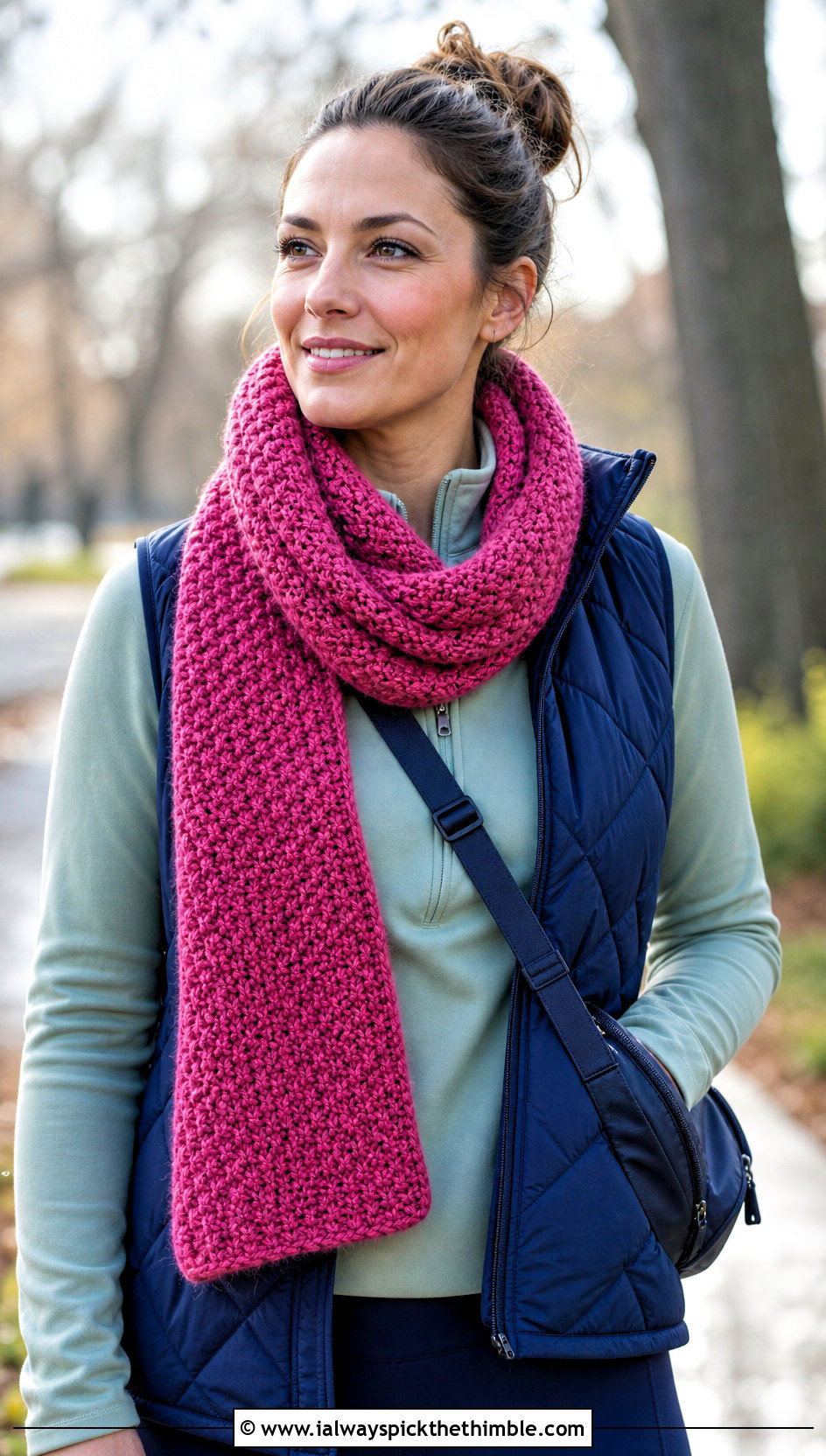 Moss Stitch Chunky Crochet Scarf With Quilted Vest - 25 chunky crochet scarf outfit ideas