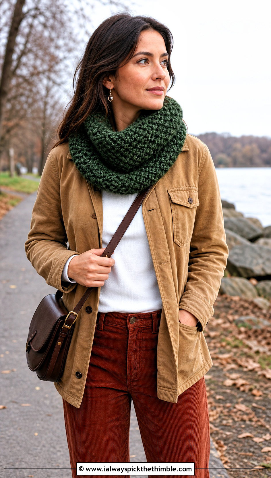 Moss Stitch Chunky Yarn Crochet Cowl With Chore Jacket And Corduroy Pants - 20 Chunky Yarn Crochet Cowl outfit ideas