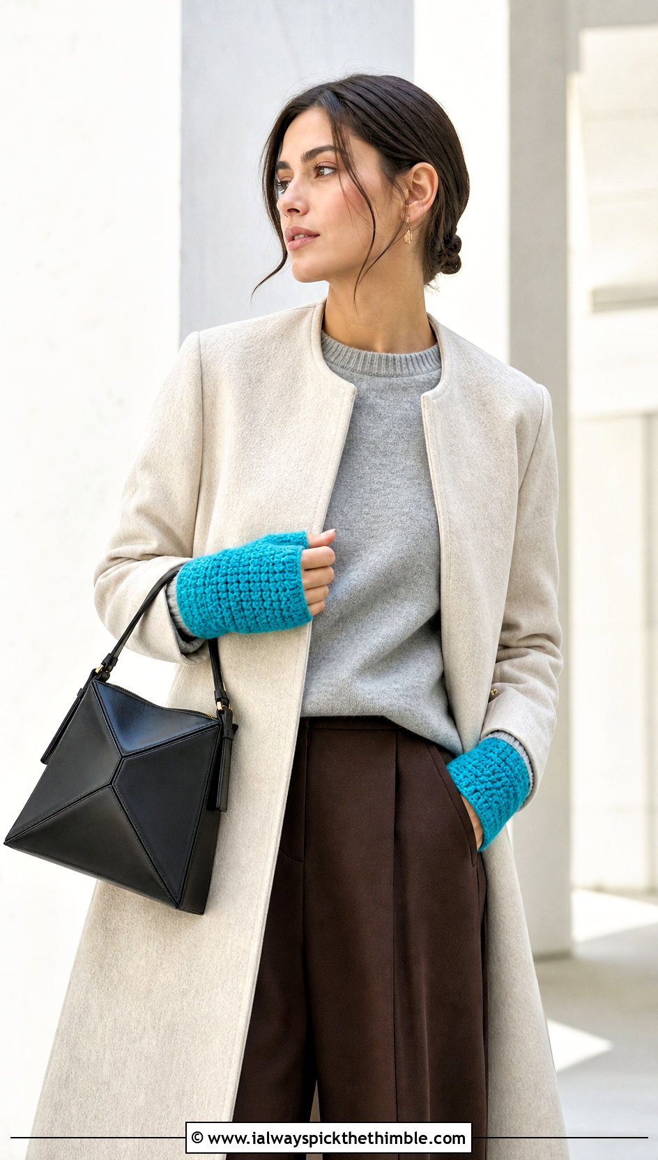 Moss Stitch Chunky Yarn Crochet Fingerless Gloves With Minimalist Coat - 20 chunky yarn crochet fingerless gloves outfit ideas