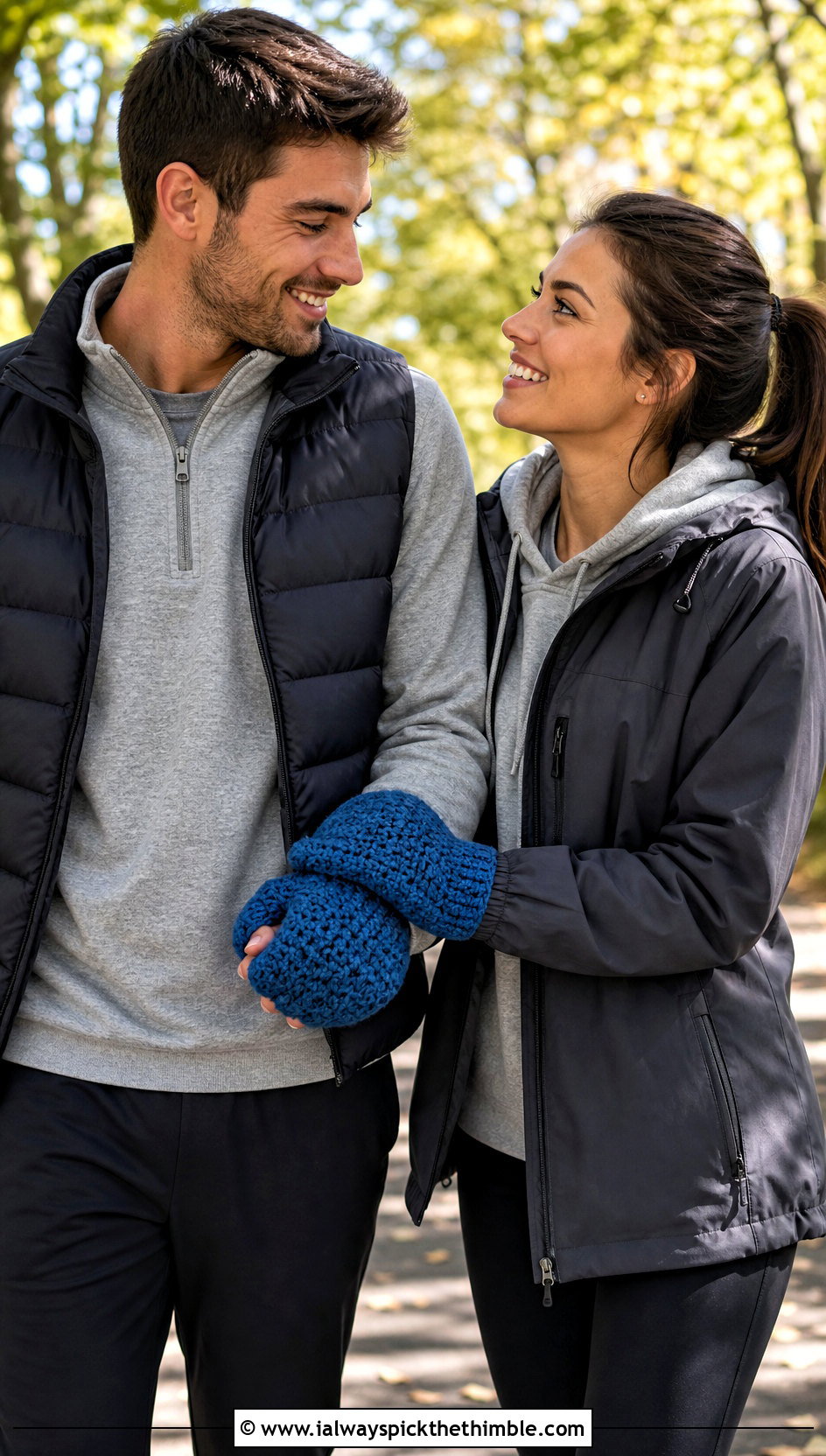 Moss Stitch Couple Mittens With Athleisure - 20 crochet couple mittens outfit ideas
