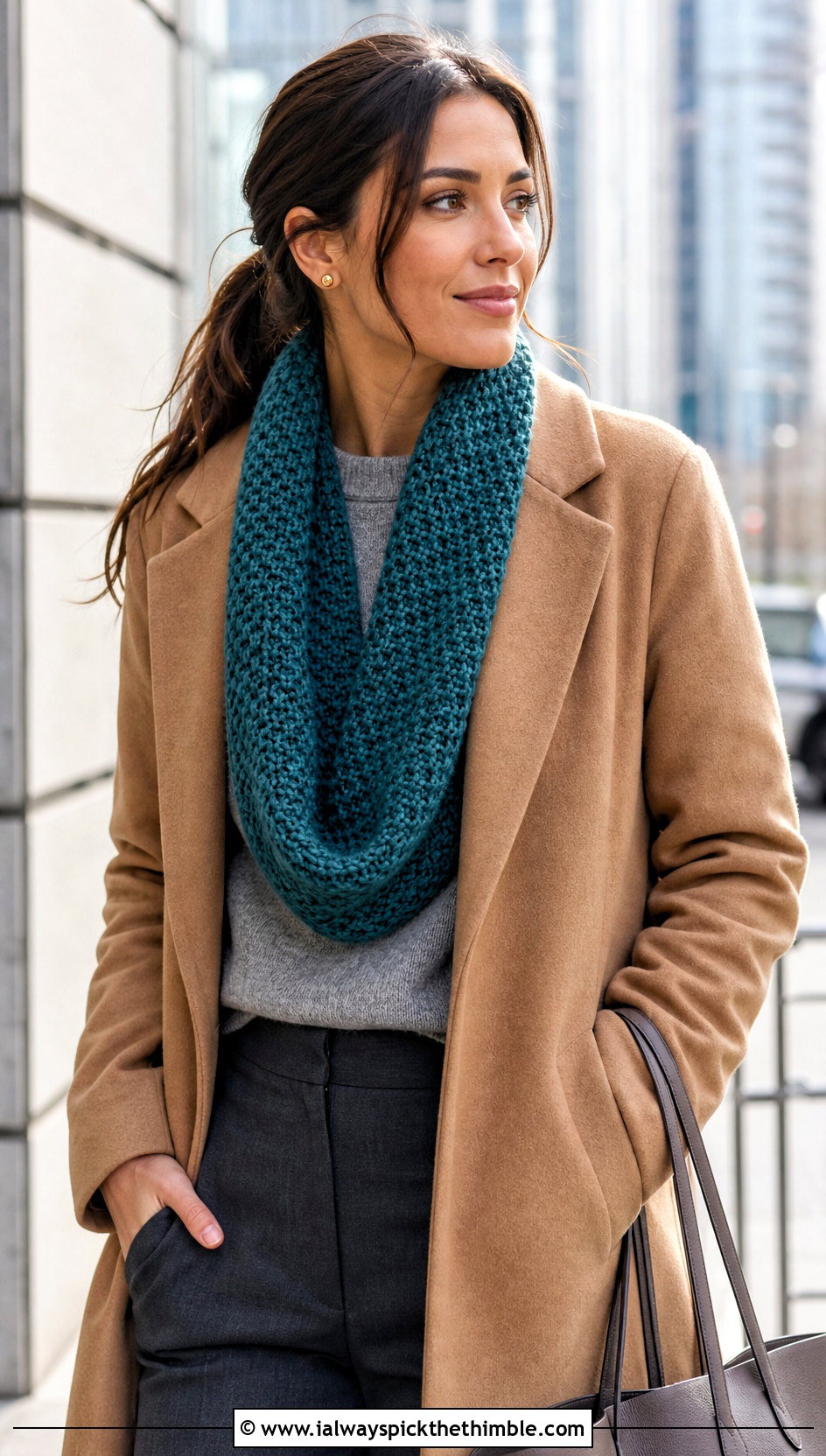 Moss Stitch Cowl Neck Crochet Scarf With Wool Coat - 20 Cowl Neck Crochet Scarf outfit ideas