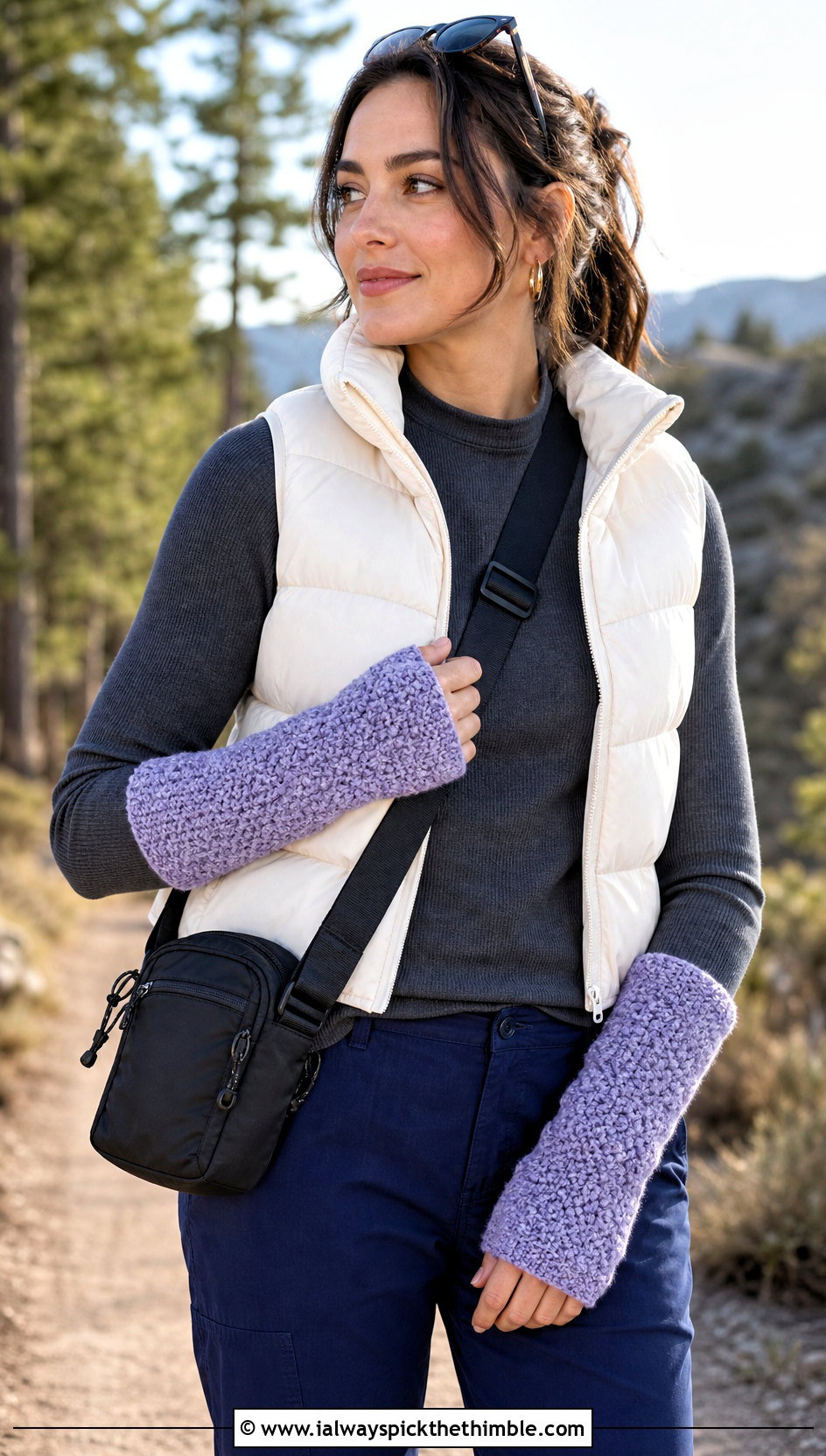 Moss Stitch Crochet Arm Warmers With Puffer Vest - 20 Crochet Arm Warmers Aesthetic outfit ideas