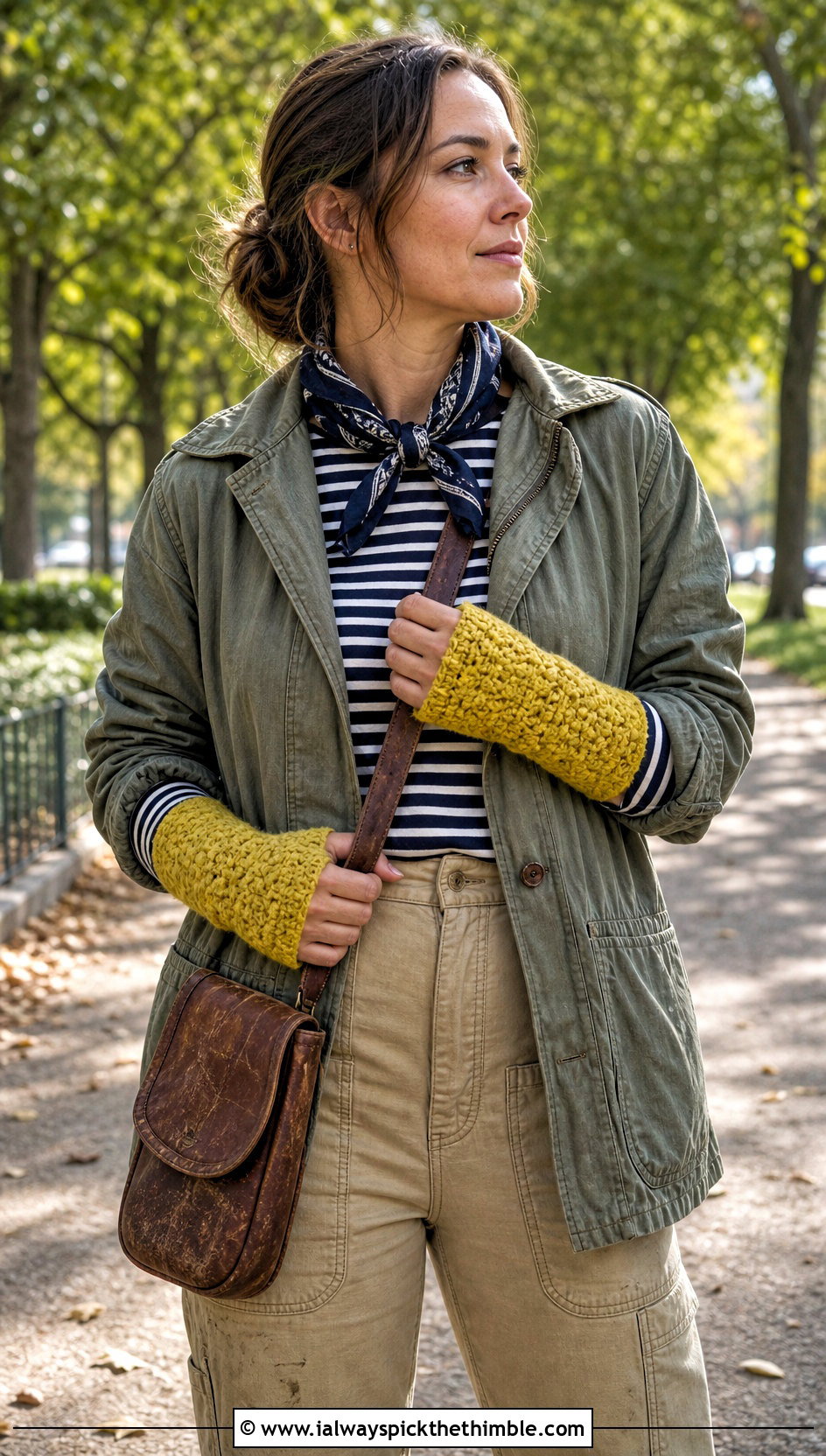 Moss Stitch Crochet Arm Warmers With Utility Jacket - 15 crochet arm warmers vintage-styled outfit ideas
