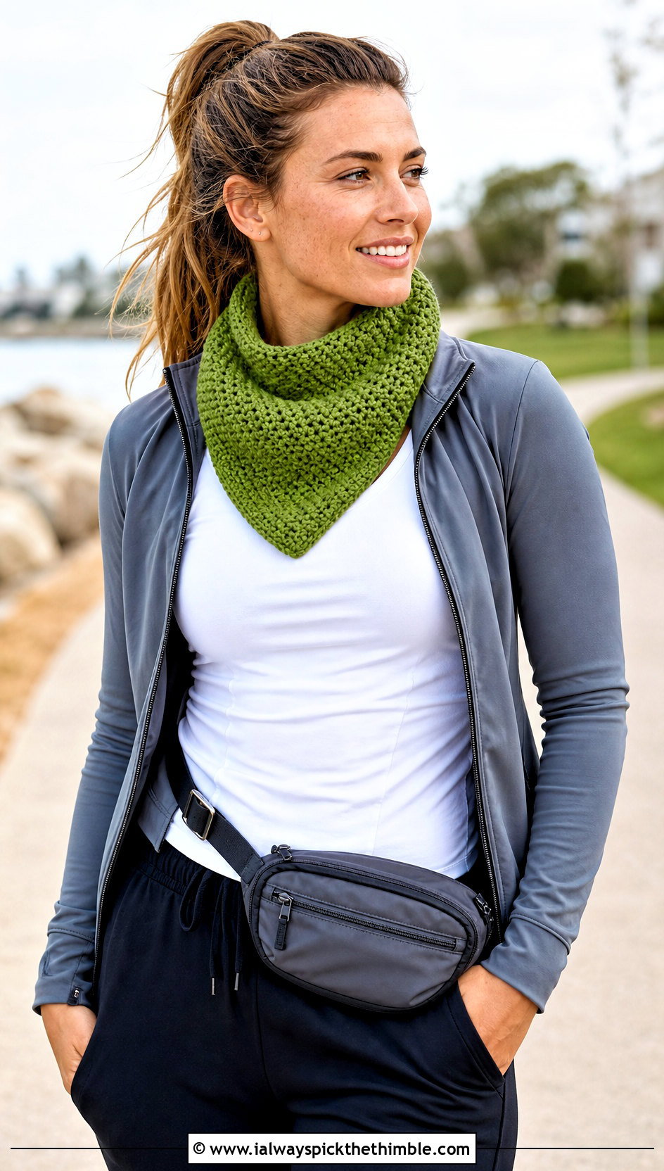 Moss Stitch Crochet Bandana Cowl With Athleisure - 20 crochet bandana cowl outfit ideas