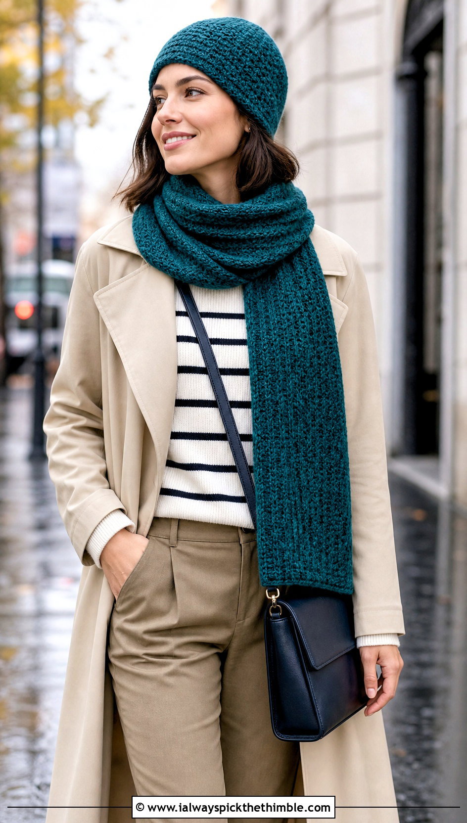 Moss Stitch Crochet Beanie And Scarf Set With Trench Coat - 20 crochet beanie and scarf set outfit ideas