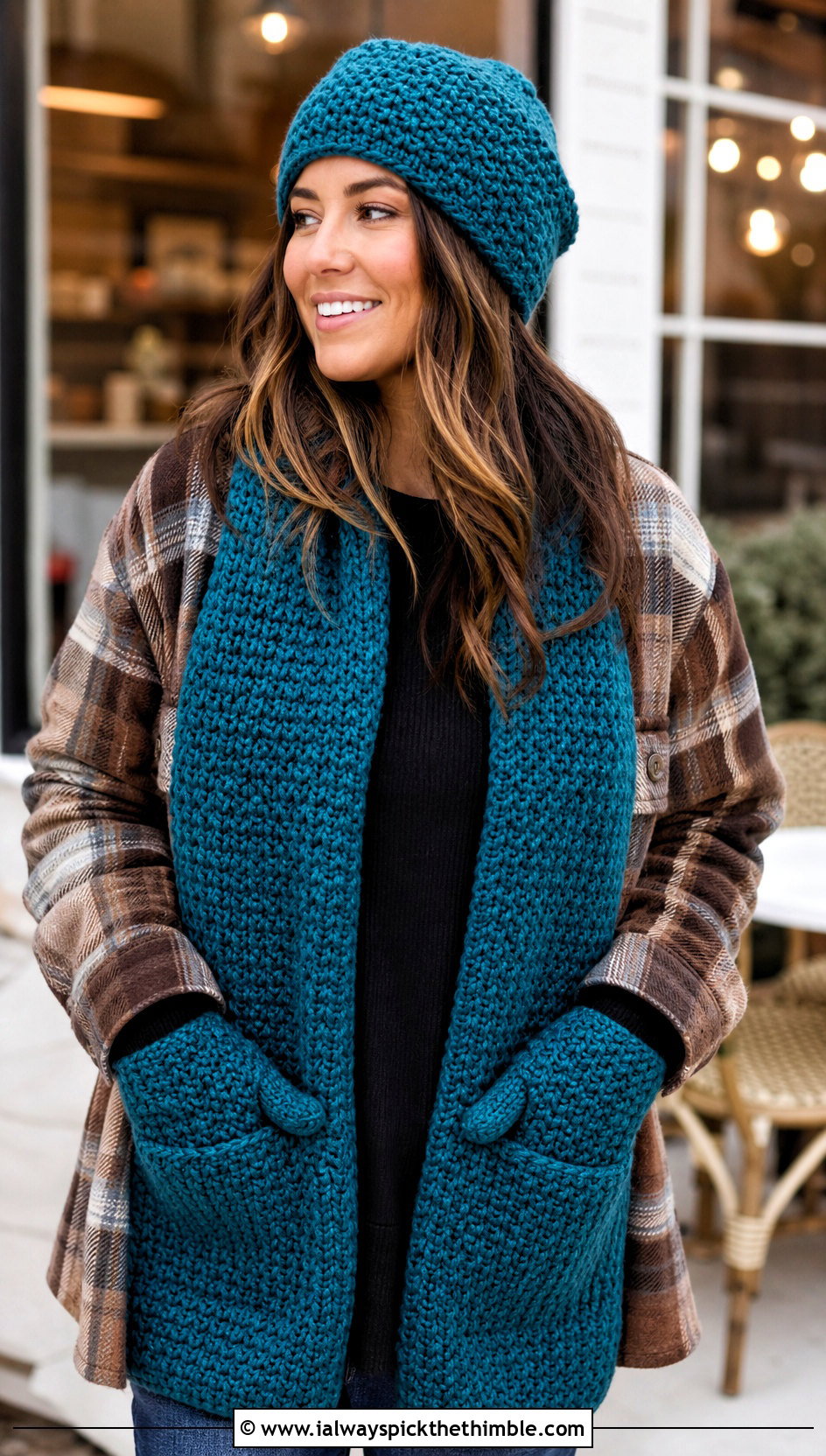 Moss Stitch Crochet Beanie Pocket Scarf And Mittens With Shacket - 20 Crochet Hat Mittens Scarf Set outfit ideas