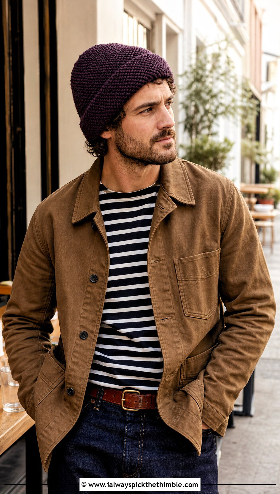 Moss Stitch Crochet Beanie With Chore Coat - 20 mens crochet hats men's beanie outfit ideas