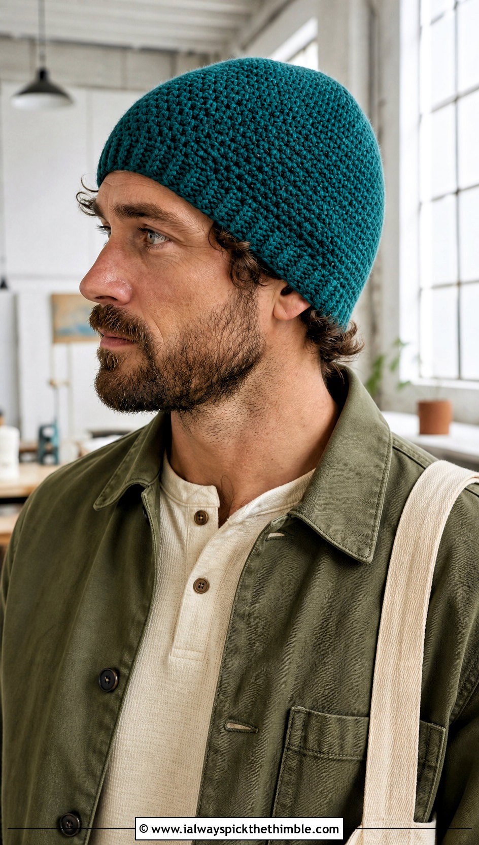 Moss Stitch Crochet Beanie With Chore Jacket - 25 crochet beanie for men outfit ideas