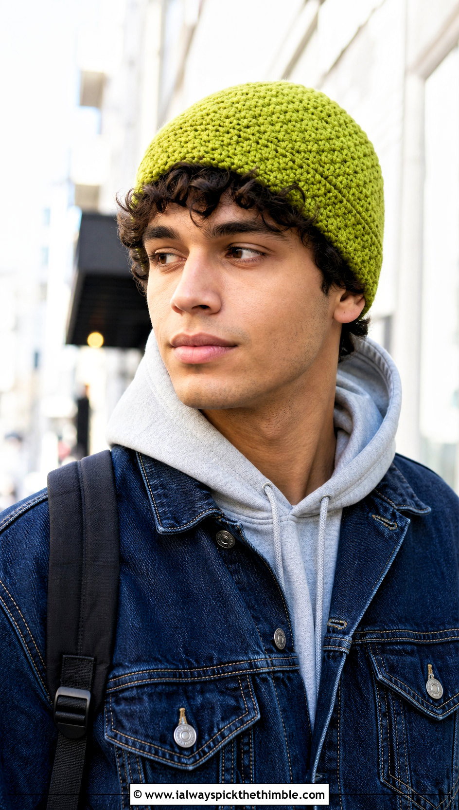 Moss Stitch Crochet Beanie With Denim Jacket - 20 mens winter crochet hats outfit ideas